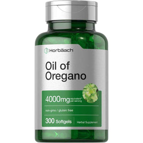 Frasco de suplemento Horbäach Aceite de Orégano 4000 mg 300 cápsulas blandas