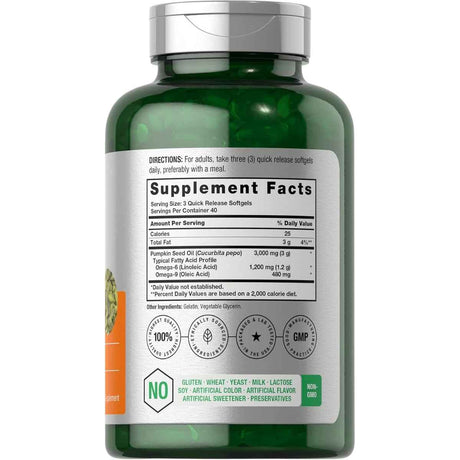 Tabla nutricional del suplemento Horbäach Aceite de Semilla de Calabaza 3000 mg 120 Cápsulas Blandas