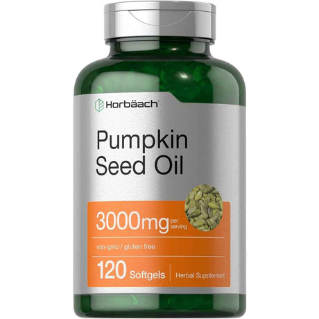 Frasco de suplemento Horbäach Aceite de Semilla de Calabaza 3000 mg 120 Cápsulas Blandas