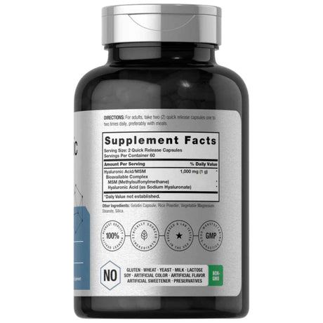 Tabla nutricional del suplemento Horbaach Ácido Hialurónico con MSM 120 cápsulas