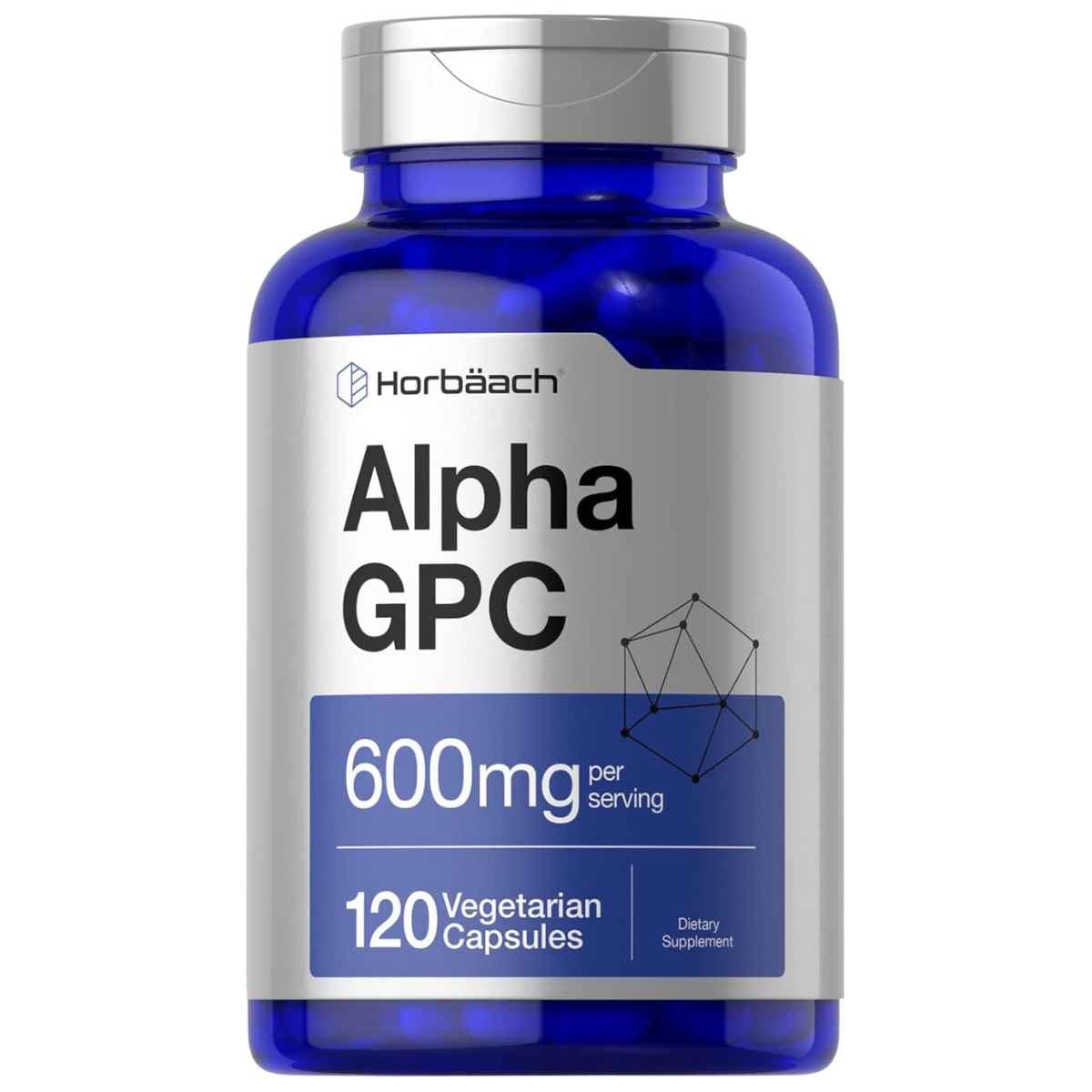 Frasco frontal de Horbaach Alfa GPC 600 mg, 120 cápsulas vegetarianas