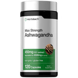 Frasco frontal de Horbaach ashwagandha 450 mg, presentación de 120 cápsulas