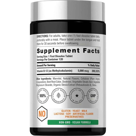 Tabla Supplement Facts Horbaach Vitamina B12 Metilcobalamina 5000 mcg 120 tabletas