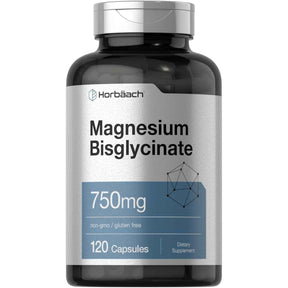 Frasco frontal de Horbäach bisglicinato de magnesio 100 mg por cápsula, 120 cápsulas