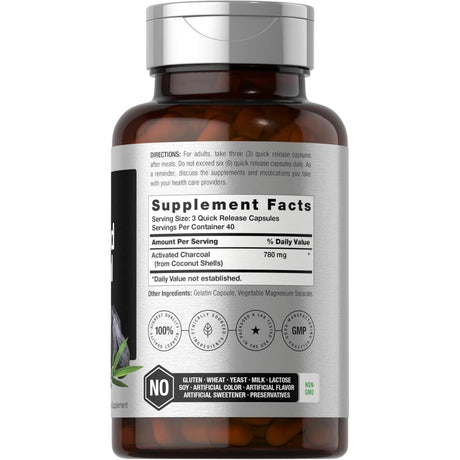 Tabla nutricional del suplemento Horbaach Carbón Activado 780 mg 120 cápsulas