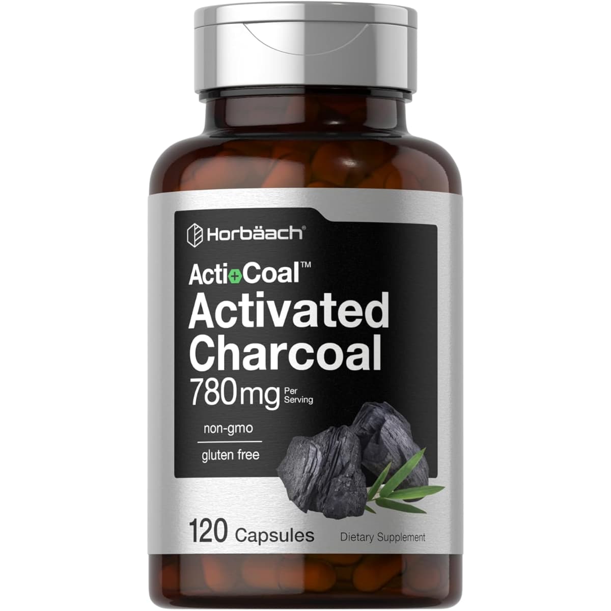 Frasco de suplemento Horbaach Carbón Activado 780 mg 120 cápsulas
