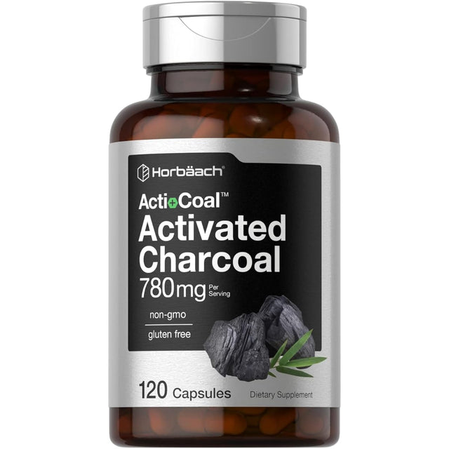 Frasco de suplemento Horbaach Carbón Activado 780 mg 120 cápsulas