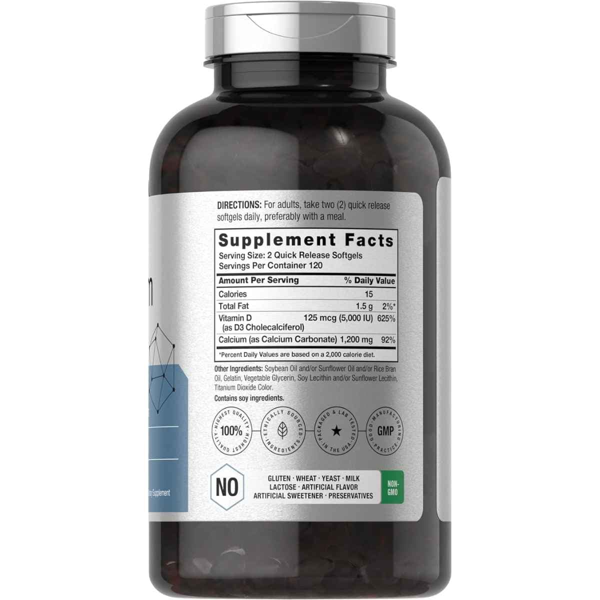 Tabla nutricional del suplemento Horbaach Carbonato de Calcio con Vitamina D3 1200 mg 240 cápsulas blandas