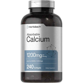 Frasco de suplemento Horbaach Carbonato de Calcio con Vitamina D3 1200 mg 240 cápsulas blandas