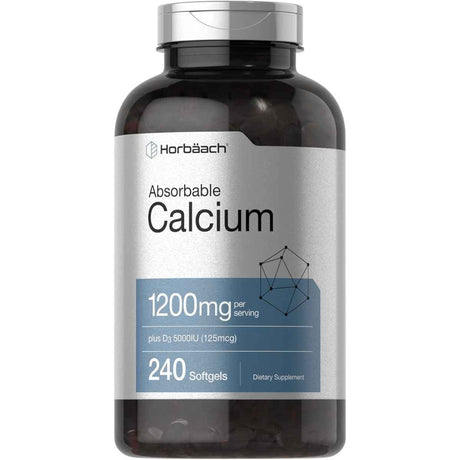 Frasco de suplemento Horbaach Carbonato de Calcio con Vitamina D3 1200 mg 240 cápsulas blandas