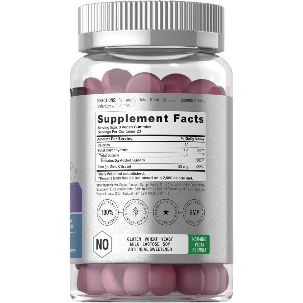 Tabla nutricional del suplemento Horbäach Citrato de Zinc 50 mg 70 gomitas