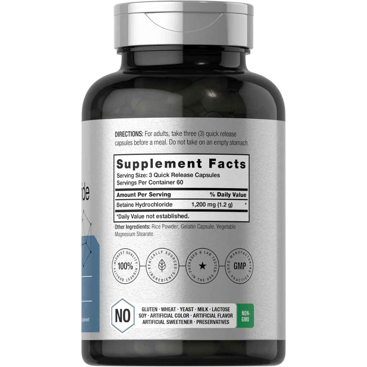 Tabla nutricional del suplemento Horbäach Clorhidrato de Betaína 180 cápsulas