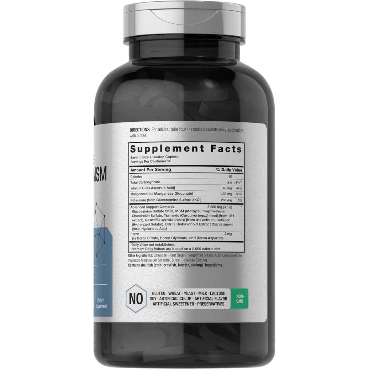 Tabla nutricional del suplemento Horbäach Complejo de Glucosamina, Condroitina, MSM y Cúrcuma 360 Tabletas Recubiertas