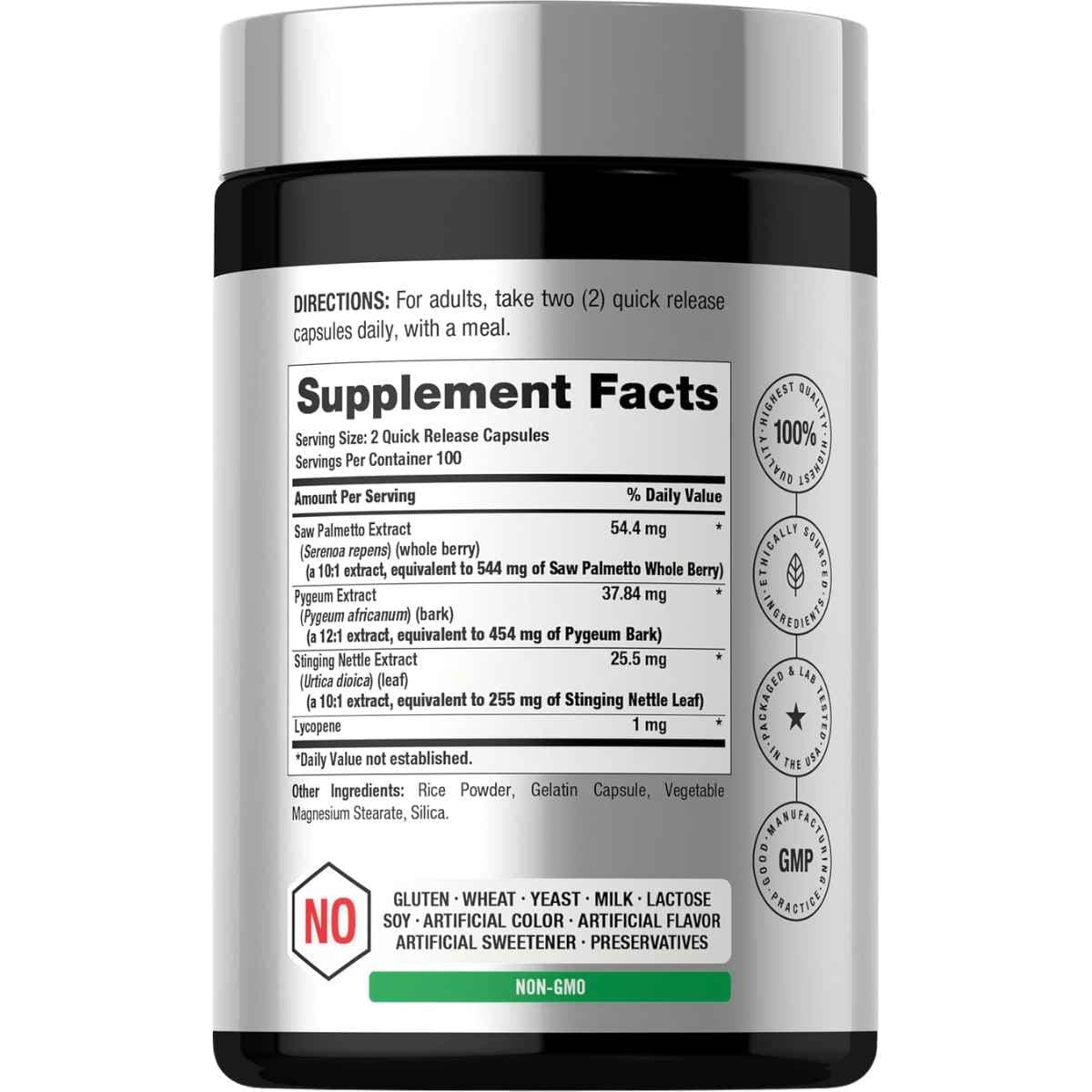 Panel de información del suplemento de Horbäach con saw palmetto, pygeum, ortiga y licopeno