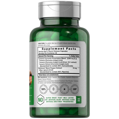 Tabla nutricional del suplemento Horbaach Cúrcuma Curcumina 2000 mg 90 cápsulas