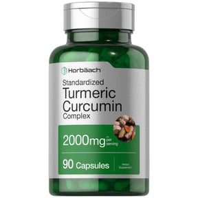 Frasco de suplemento Horbaach Cúrcuma Curcumina 2000 mg 90 cápsulas