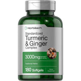 Frasco de suplemento Horbäach Cúrcuma y Jengibre 3000 mg 180 cápsulas blandas