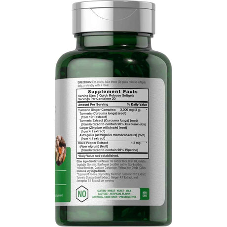 Tabla nutricional del suplemento Horbäach Cúrcuma y Jengibre 3000 mg 60 cápsulas blandas