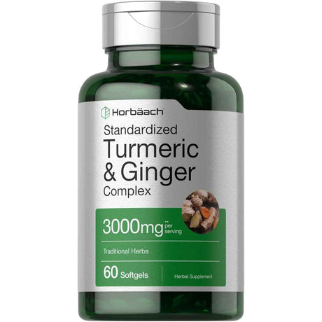 Frasco de suplemento Horbäach Cúrcuma y Jengibre 3000 mg 60 cápsulas blandas