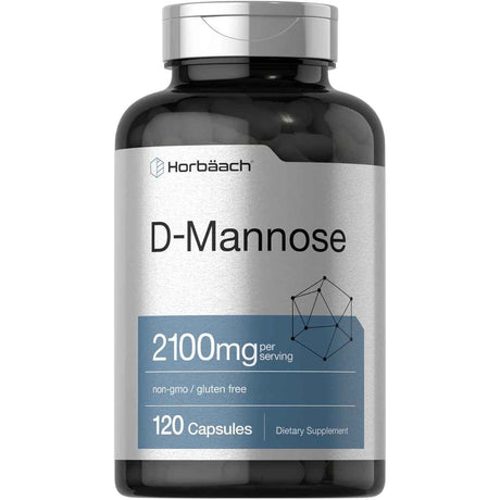 Frasco frontal de Horbaach D-manosa 2100 mg por porción, presentación de 120 cápsulas