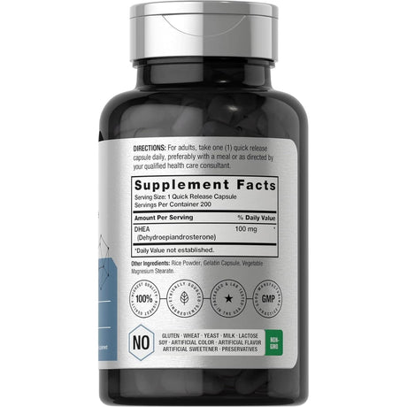 Tabla nutricional del suplemento Horbaach DHEA 100 mg 200 cápsulas