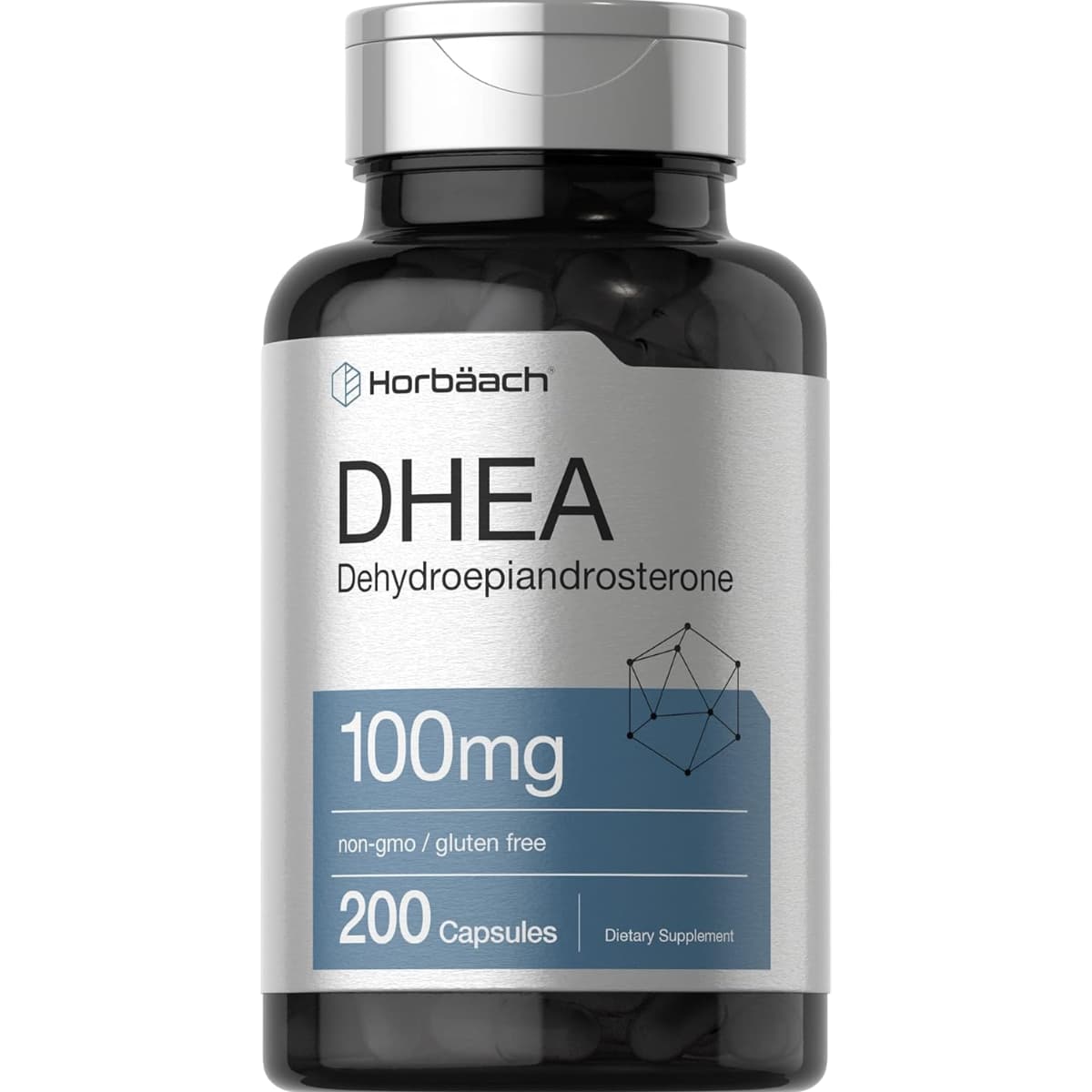 Frasco de suplemento Horbaach DHEA 100 mg 200 cápsulas