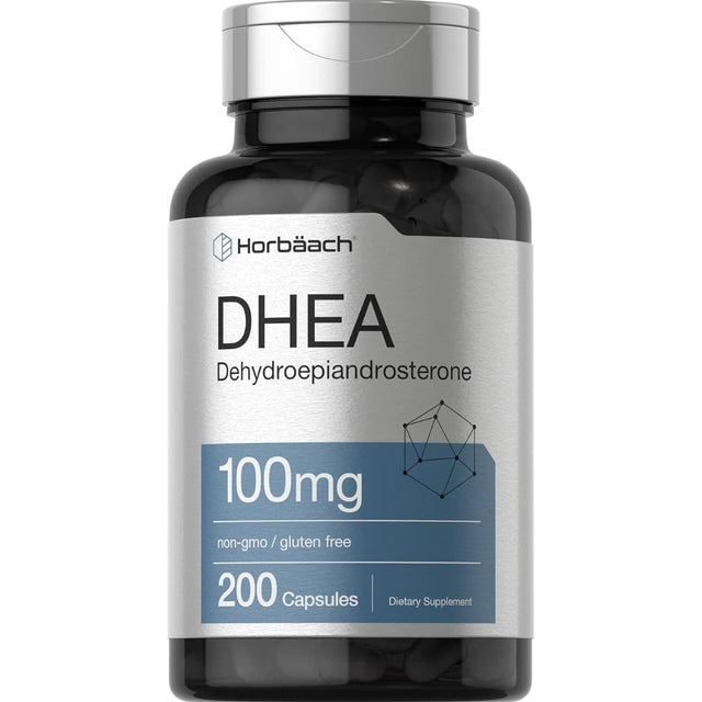 Frasco de suplemento Horbaach DHEA 100 mg 200 cápsulas