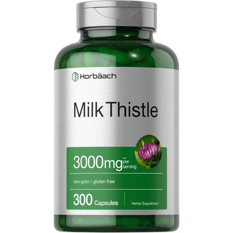 Frasco de suplemento Horbaach Extracto de Cardo Mariano 3000 mg 300 cápsulas