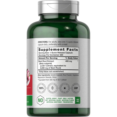 Tabla nutricional del suplemento Horbäach Extracto de Raíz de Remolacha 8000 mg 320 cápsulas