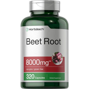 Frasco de suplemento Horbäach Extracto de Raíz de Remolacha 8000 mg 320 cápsulas