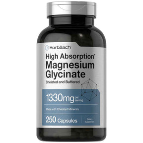 Frasco frontal de Horbäach glicinato de magnesio 240 mg por porción, 250 cápsulas