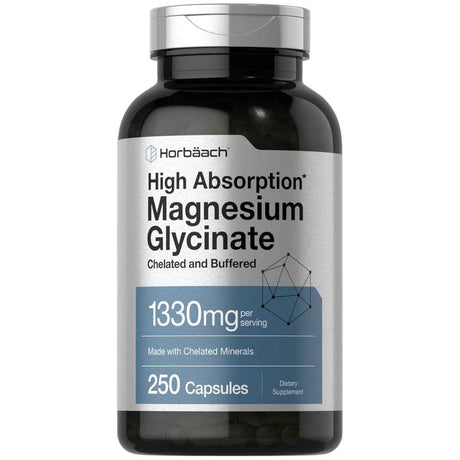 Frasco frontal de Horbäach glicinato de magnesio 240 mg por porción, 250 cápsulas