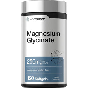 Frasco Horbäach glicinato de magnesio 250 mg por porción, 120 cápsulas blandas