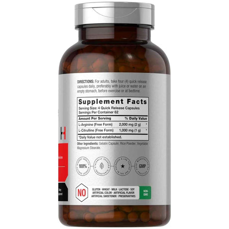 Tabla nutricional del suplemento Horbaach L-Arginina y L-Citrulina Complex 250 cápsulas