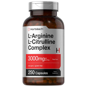 Frasco de suplemento Horbaach L-Arginina y L-Citrulina Complex 250 cápsulas