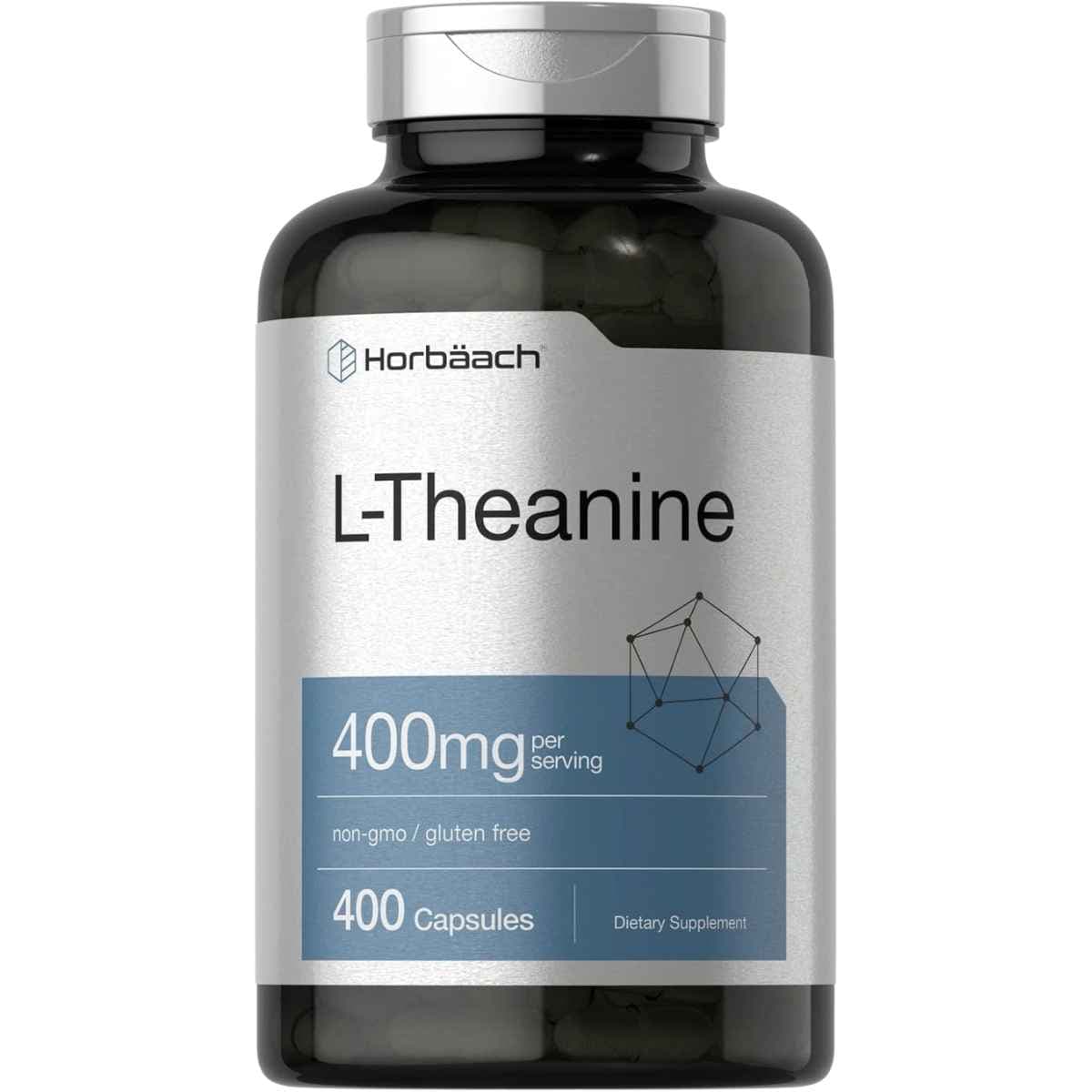 Frasco frontal de Horbaach L-Teanina 400 mg por porción, presentación de 400 cápsulas.