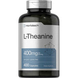Frasco frontal de Horbaach L-Teanina 400 mg por porción, presentación de 400 cápsulas.