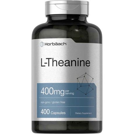 Frasco frontal de Horbaach L-Teanina 400 mg por porción, presentación de 400 cápsulas.