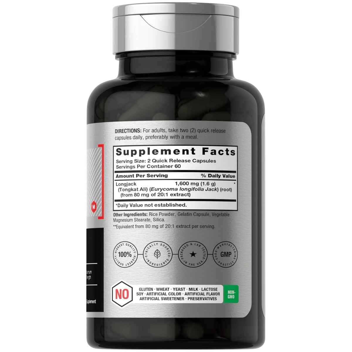 Tabla nutricional del suplemento Horbaach Longjack Tongkat Ali 120 cápsulas.