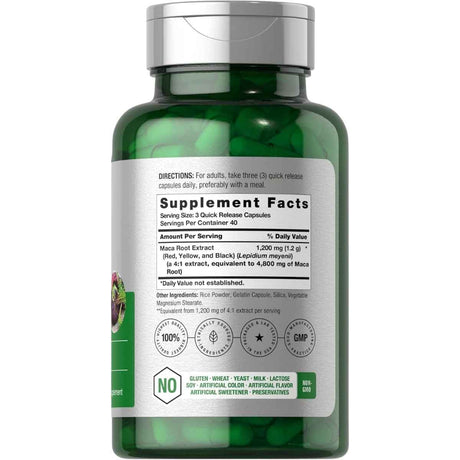 Tabla nutricional del suplemento Horbäach Maca Roja, Amarilla y Negra 120 cápsulas