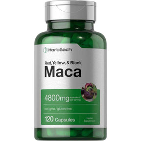 Frasco de suplemento Horbäach Maca Roja, Amarilla y Negra 120 cápsulas