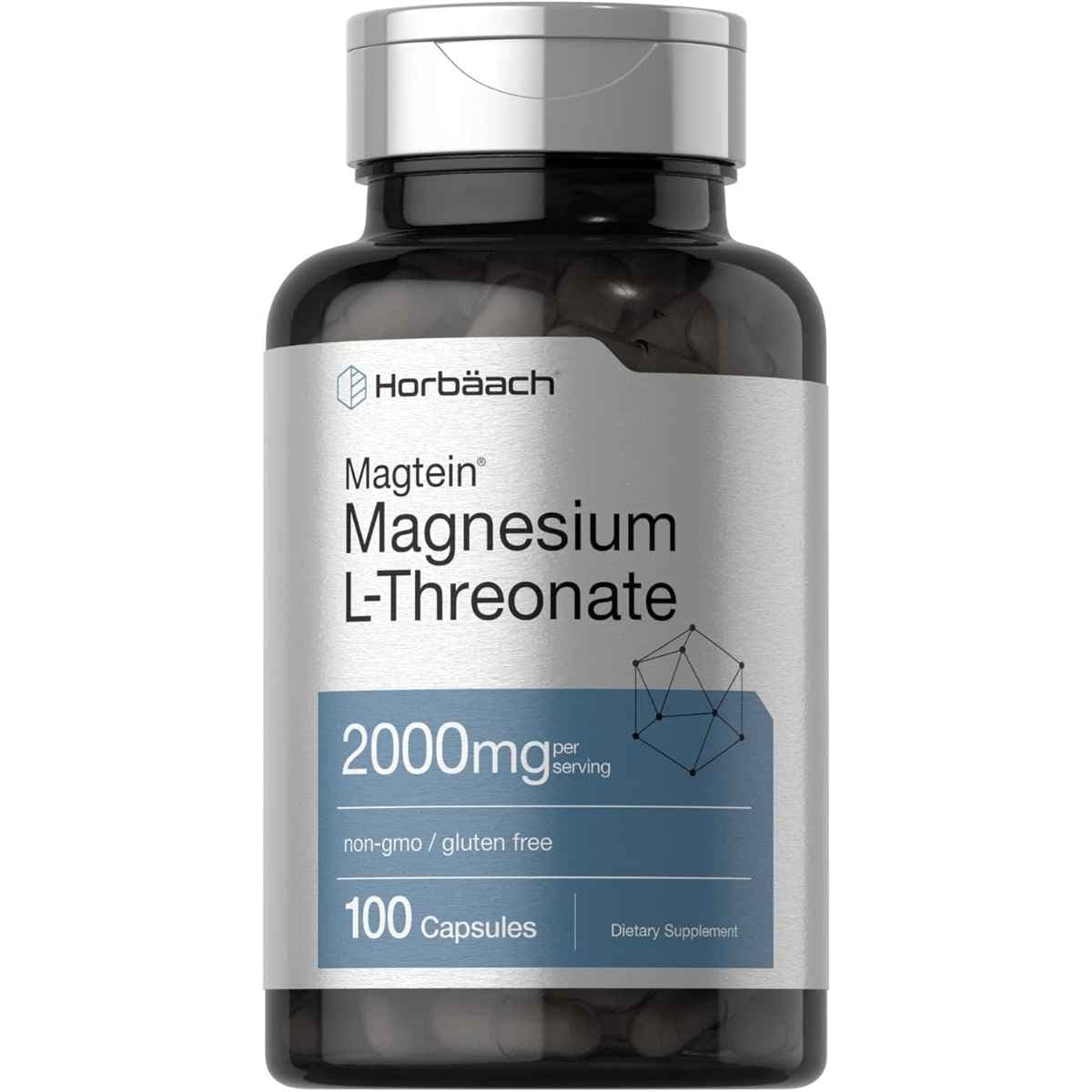 Frasco frontal de Horbäach Magtein L-treonato de magnesio, presentación de 100 cápsulas