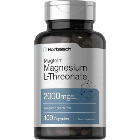 Frasco frontal de Horbäach Magtein L-treonato de magnesio, presentación de 100 cápsulas