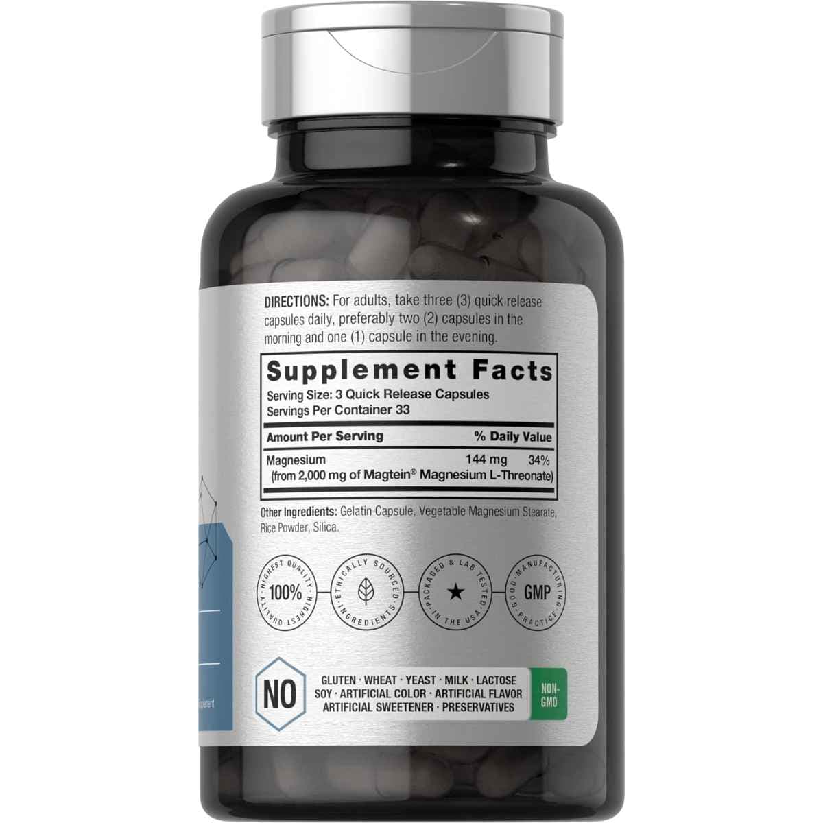Panel de información del suplemento de Horbäach Magtein L-treonato de magnesio con 144 mg de magnesio por porción