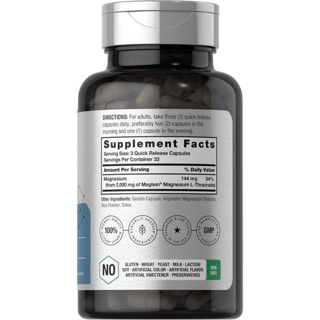 Panel de información del suplemento de Horbäach Magtein L-treonato de magnesio con 144 mg de magnesio por porción
