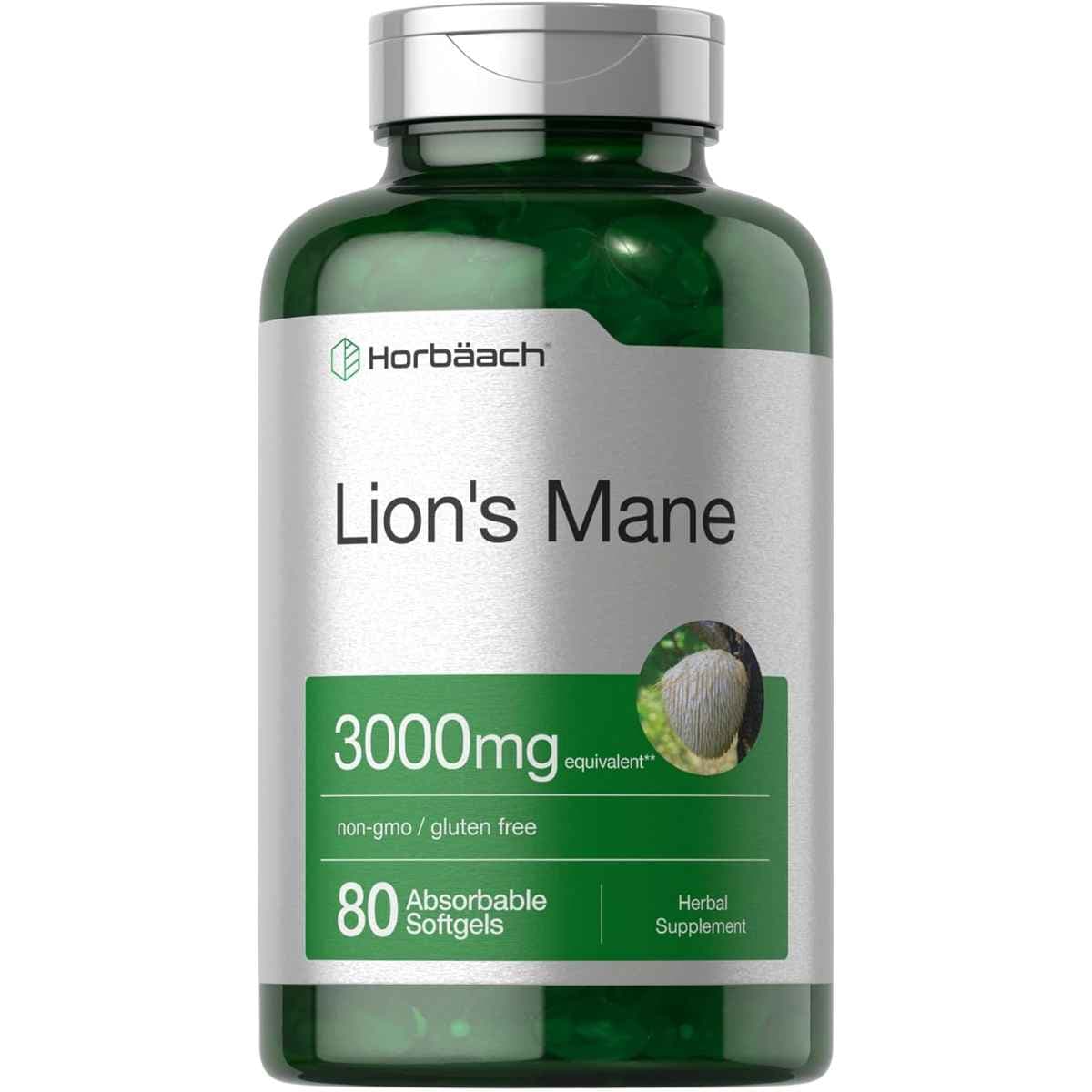 Frasco de suplemento Horbäach Melena de León 3000 mg 80 Cápsulas Blandas