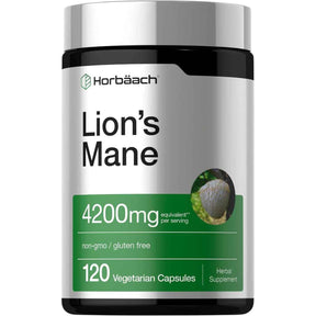 Frasco frontal de Horbaach Melena de León, 4200 mg equivalentes por porción, 120 cápsulas vegetales