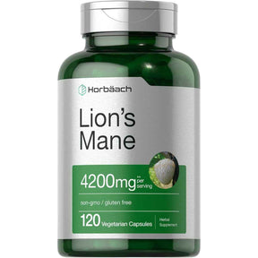 Frasco frontal de Horbaach Melena de León 4,200 mg, presentación de 120 cápsulas vegetales