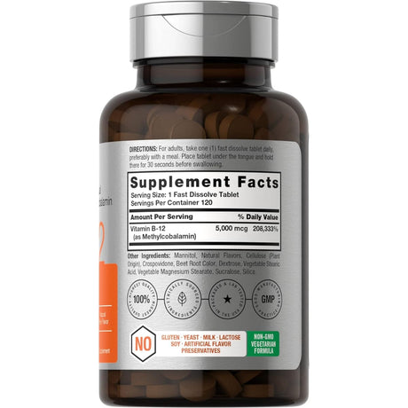 Tabla nutricional del suplemento Horbäach Metilcobalamina B-12 Bayas 120 tabletas