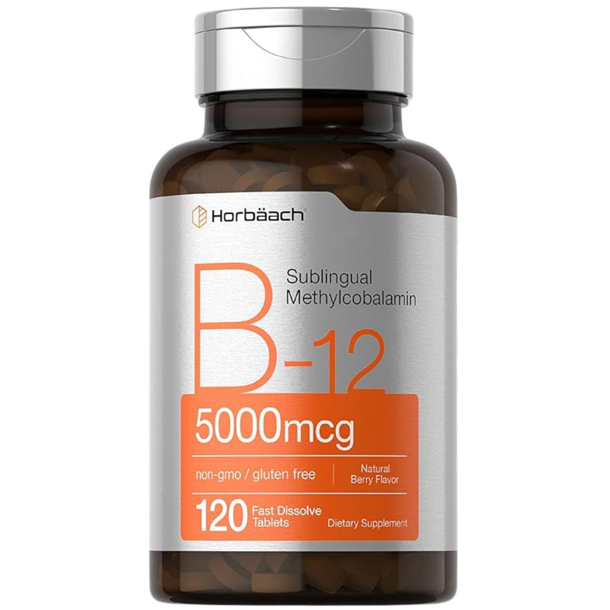 Frasco de suplemento Horbäach Metilcobalamina B-12 Bayas 120 tabletas